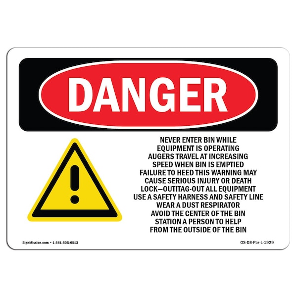 Safety Sign, OSHA Danger, 18" Height, Grain Bin Silo Safety, Landscape, D-1824-L-1929